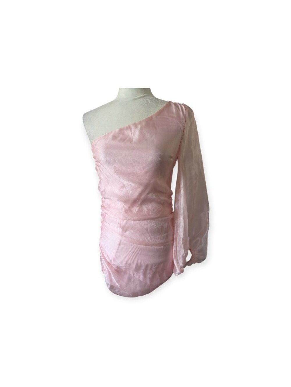 Her Empire Pink Satin One-Shoulder Ruched Balloon Sleeve Mini Dress SZ S